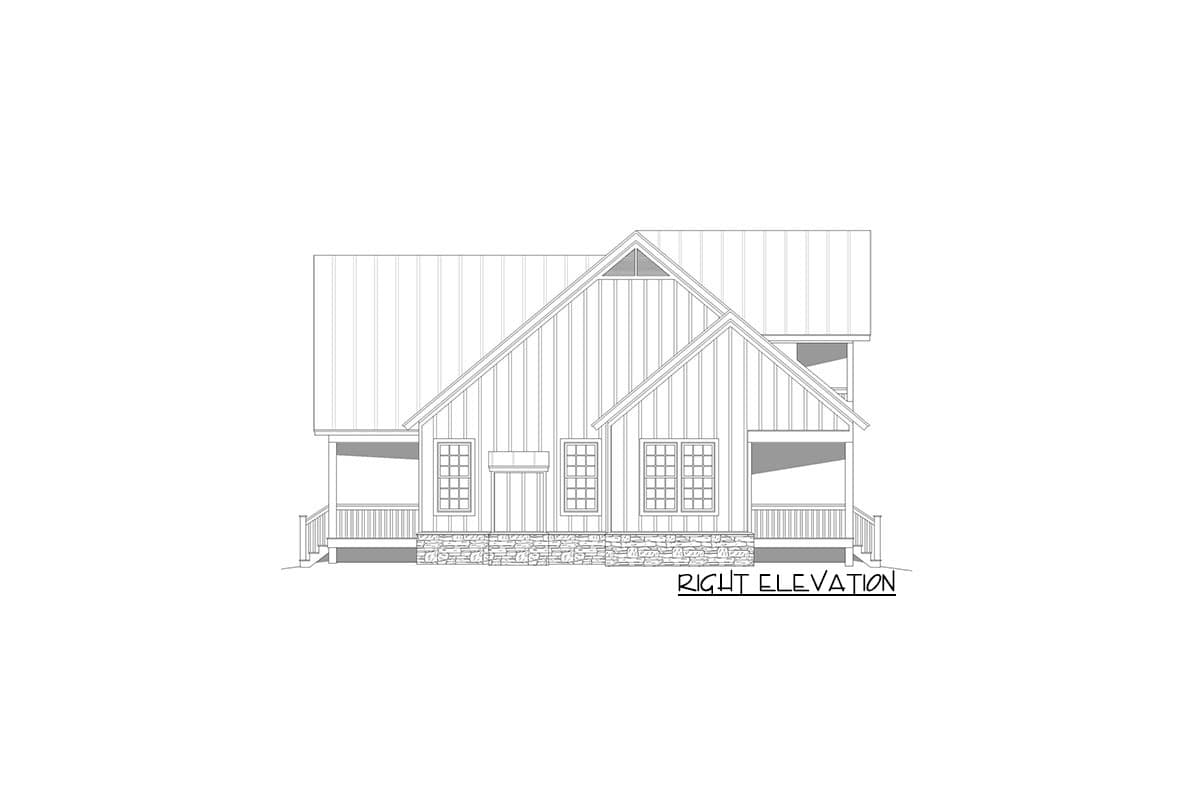 Right elevation of a house plan showing a metal roof, gables, porch with railings, and stone foundation.