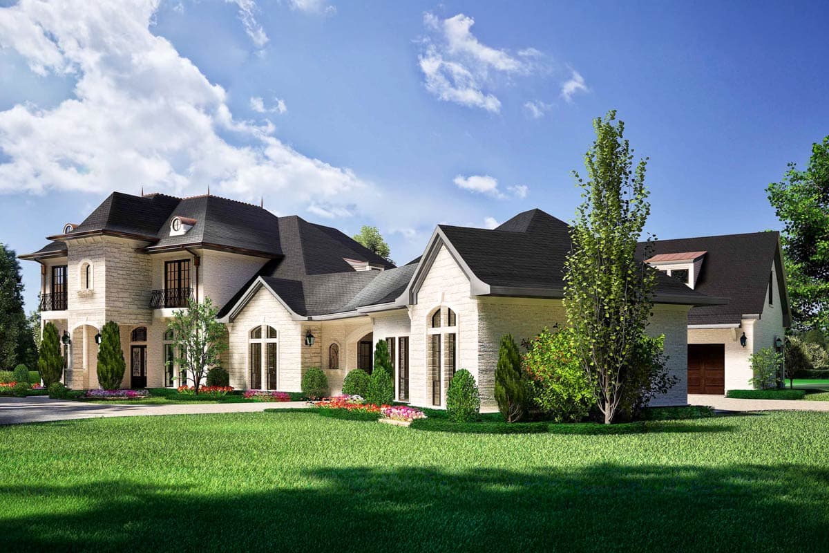 House plan exterior rendering of a two-story French Provincial style home with arched windows, dormers, and multi-level rooflines.