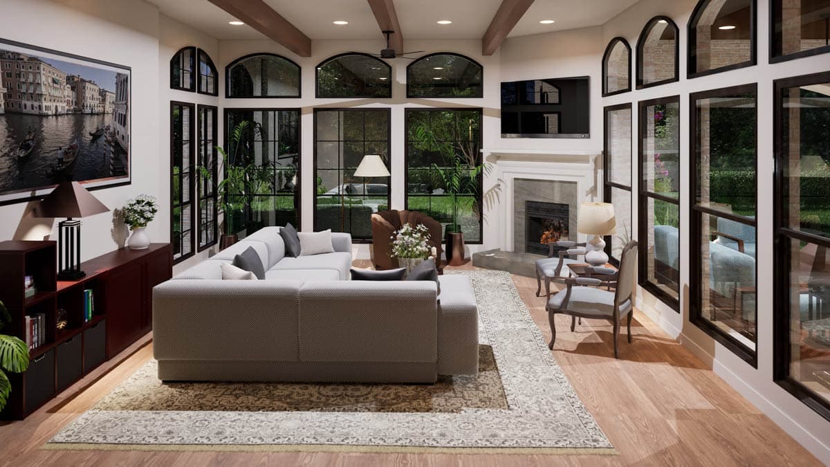 Interior rendering of living room with sectional sofa, fireplace, large arched windows, and exposed beams.