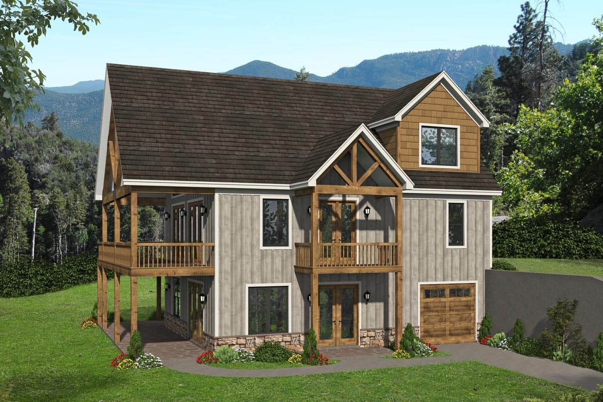 House plan exterior. Two-story with Craftsman details. Features include a two-story porch, gabled rooflines, and a wood garage door.