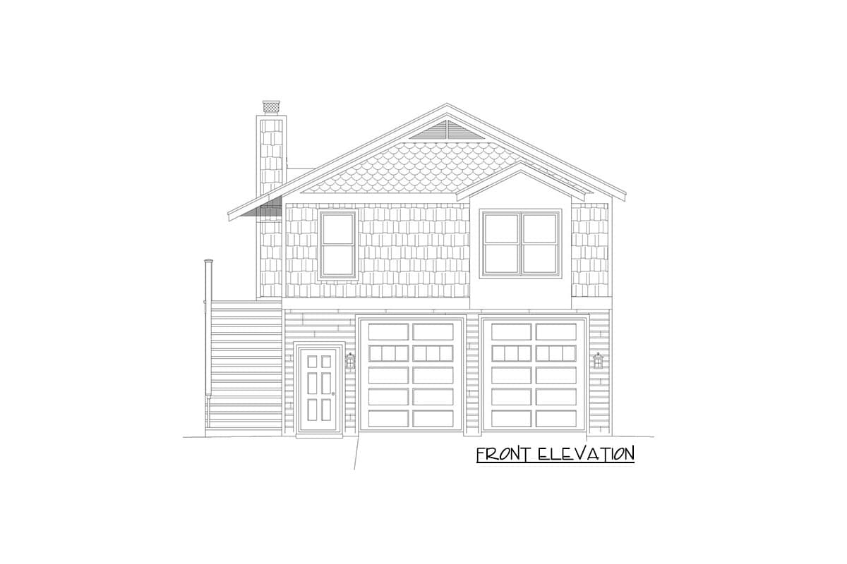 Front elevation drawing of a two-story house plan with a side-facing garage, chimney, and varying siding.