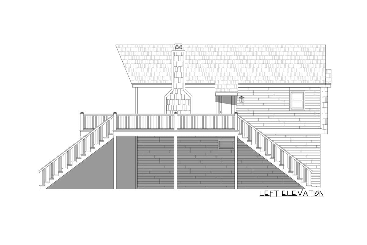 House plan left elevation showing a sloped roof, deck with railing, exterior stairs, chimney, and horizontal siding.