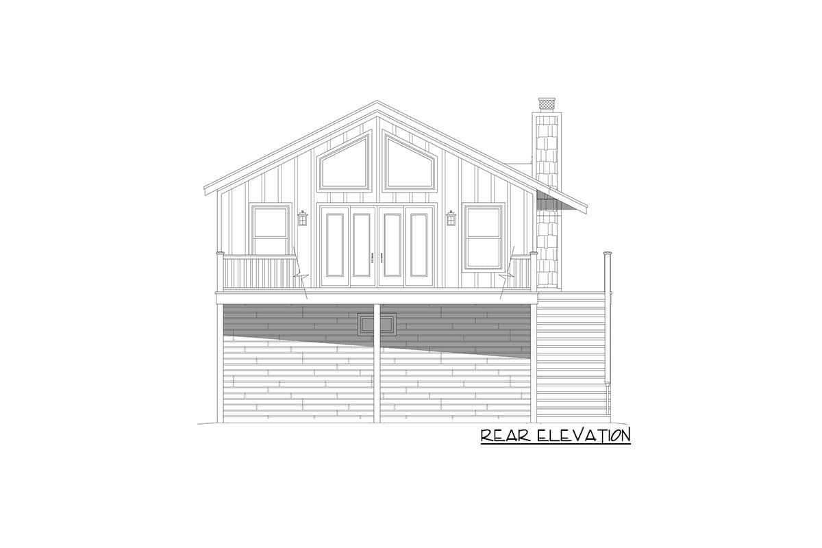 Rear elevation house plan: A two-story home with a gable roof, double doors, deck, and stone chimney.