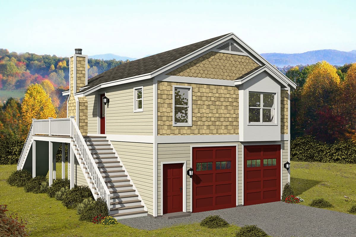 House plan exterior with two stories. Features include a raised deck with stairs, a shed dormer, and a two-car garage. Gable roof.