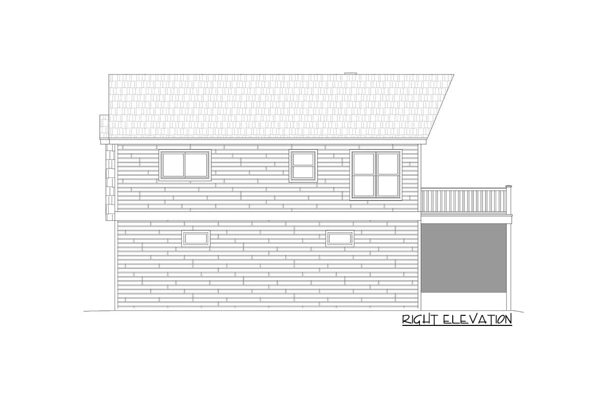 Right elevation drawing of a two-story house with horizontal siding, multiple windows, and a deck.