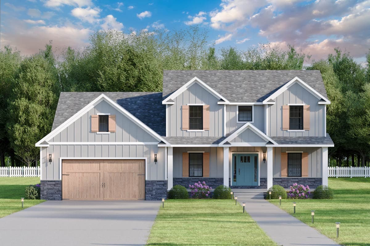 House plan exterior. Two-story Modern Farmhouse with gables, front porch, and attached garage. Features include board and batten siding.