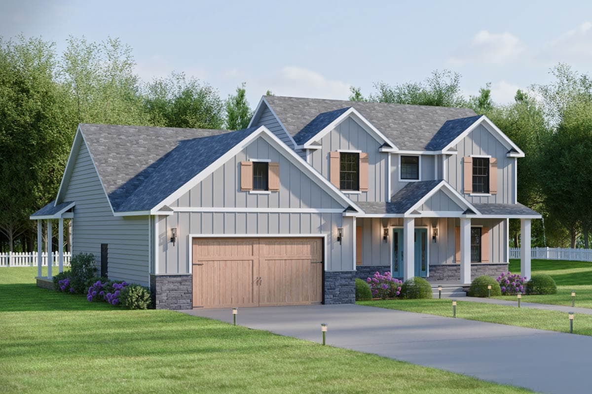 House plan exterior: two-story Modern Farmhouse with a two-car garage, gable rooflines, and a covered front porch.