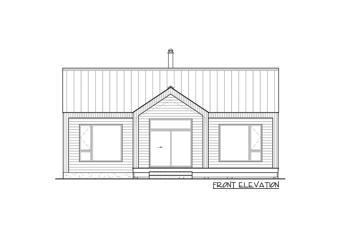 Front elevation drawing of a one-story house with a gabled roof, porch, and three large windows.