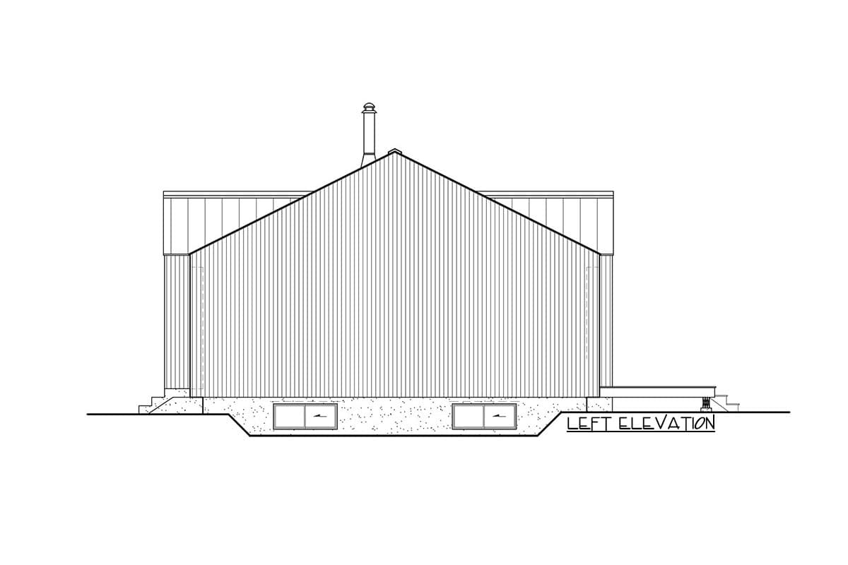 Left elevation drawing of a house with a gabled roof, vertical siding, chimney, and foundation with two small windows.