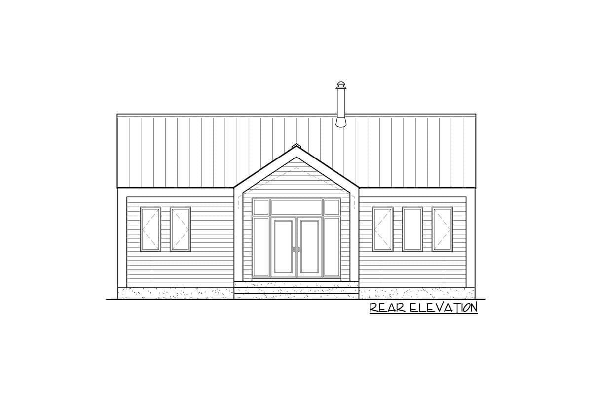 Rear elevation drawing of a house with a metal roof, gabled entry, and double doors.