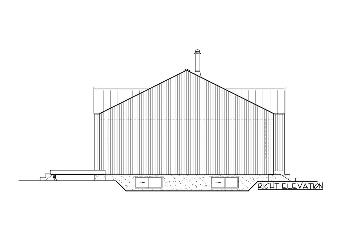 Right elevation house plan drawing shows a gabled roofline, vertical siding, chimney, and two basement windows.