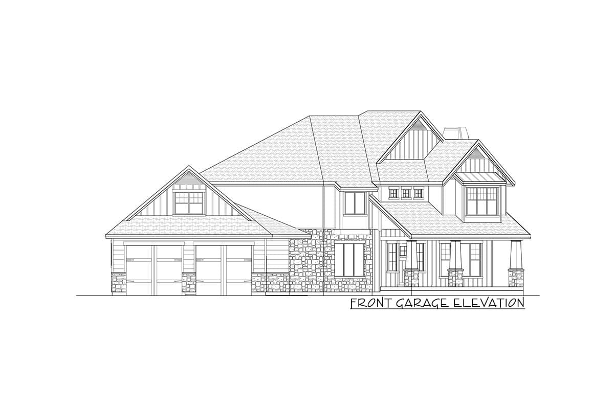 Front garage elevation of a two-story house plan featuring a stone base, multiple gables, dormers, and a covered front porch.