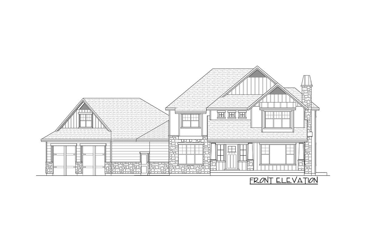 Front elevation drawing of a two-story house with a two-car garage, stone accents, gables, and a covered entry.