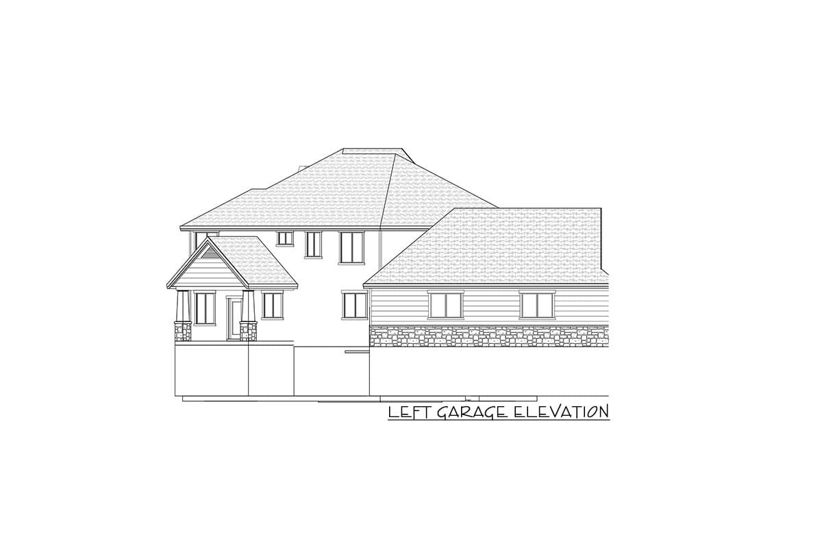 Left garage elevation drawing of a two-story house with stone base, gabled entrance, and varied rooflines.