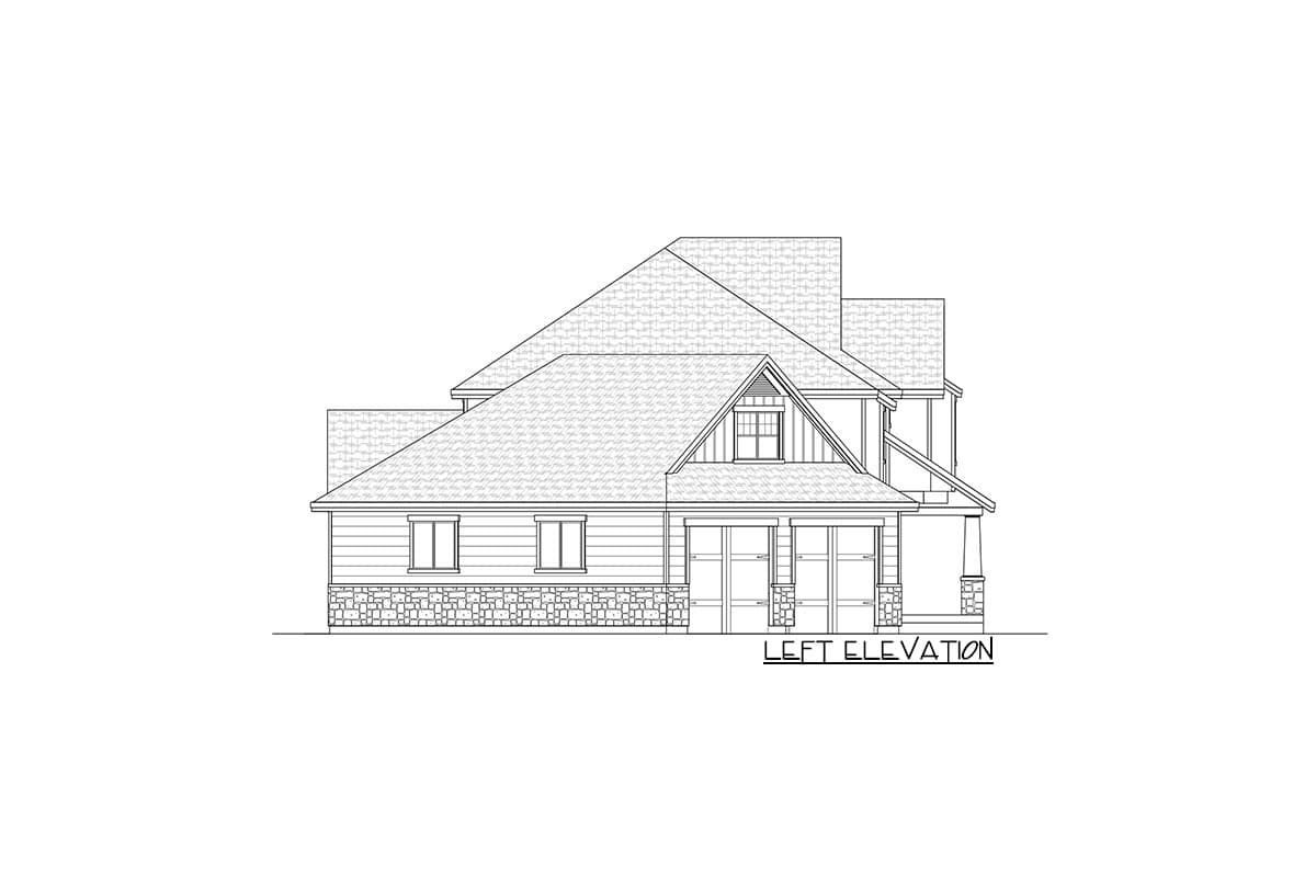Left elevation drawing of a multi-story house plan with a gabled dormer, two-car garage, and stone foundation.