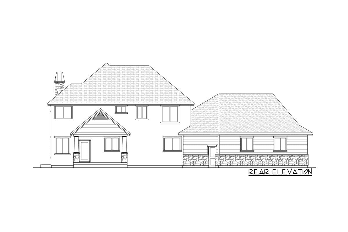 Rear elevation drawing of a two-story house with a prominent gable over the entrance and a stone foundation.