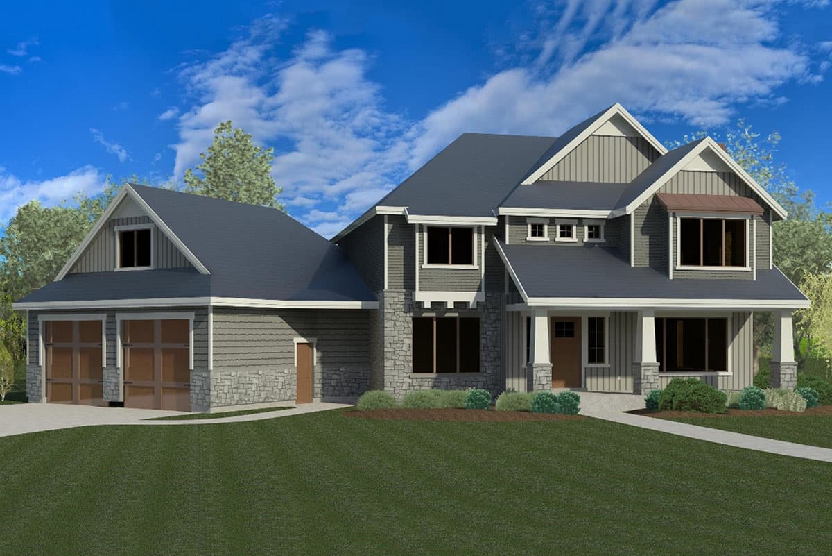 House plan exterior. Two-story home with Craftsman details. Features include gables, a covered porch, and a side-entry garage.