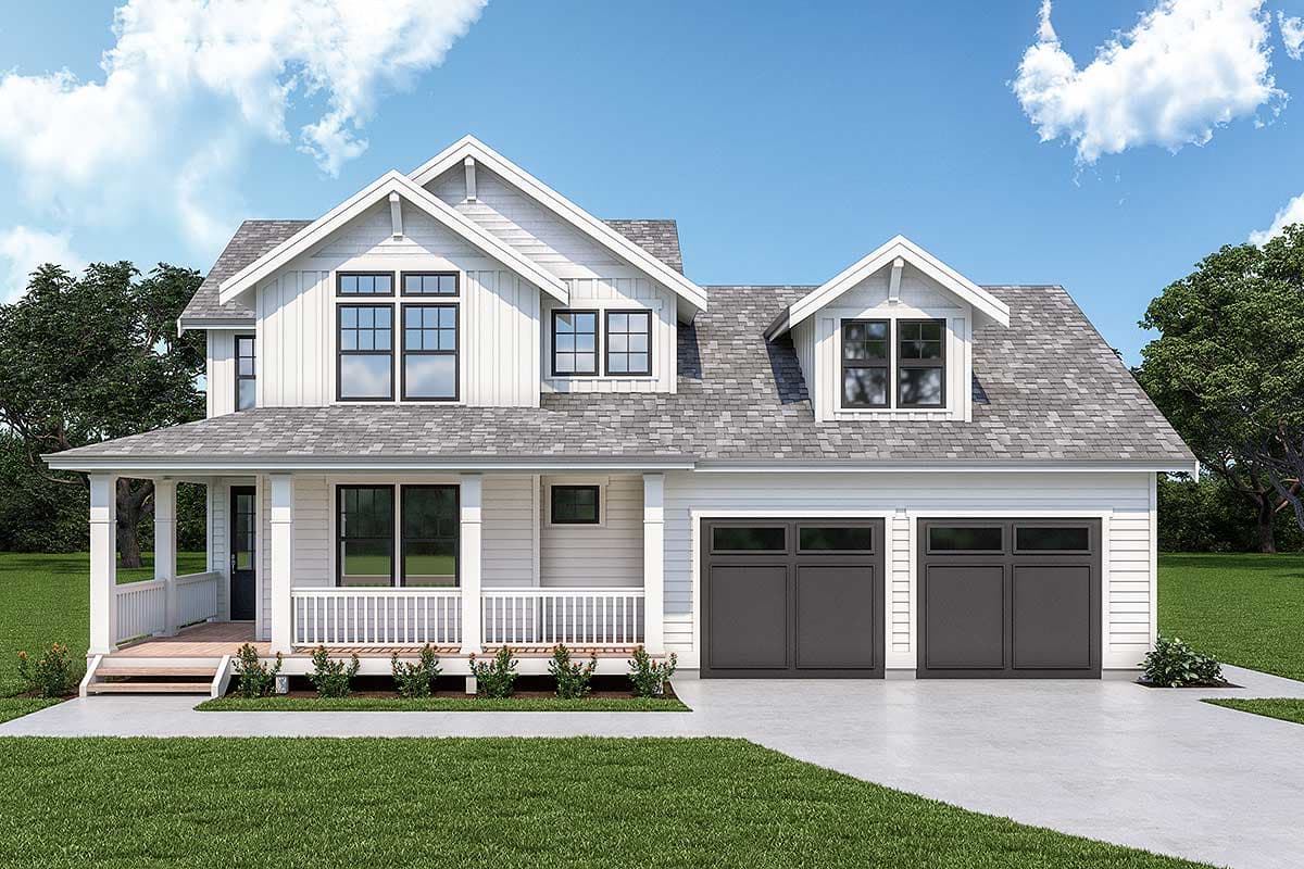 House plan exterior: Modern Farmhouse style, two stories, with a wraparound porch, gables, dormers, and a two-car garage.