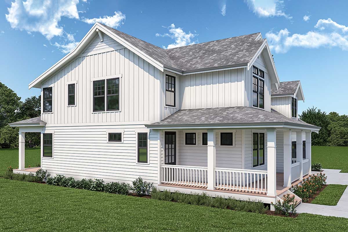 Modern Farmhouse house plan exterior, two stories, with a wrap-around porch, board and batten siding, and gabled dormers.