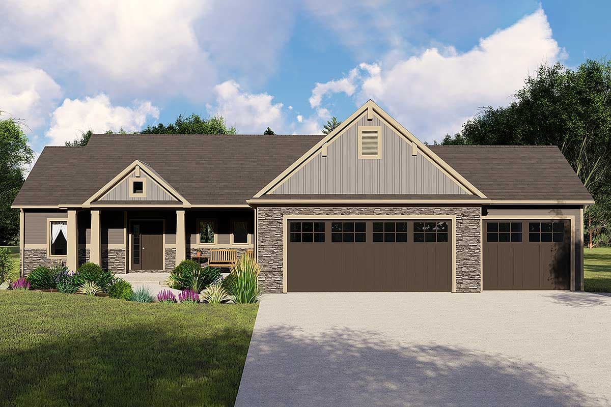 House plan exterior featuring a Craftsman style, single story, with gabled rooflines, stone facade accents, and a front-facing garage.