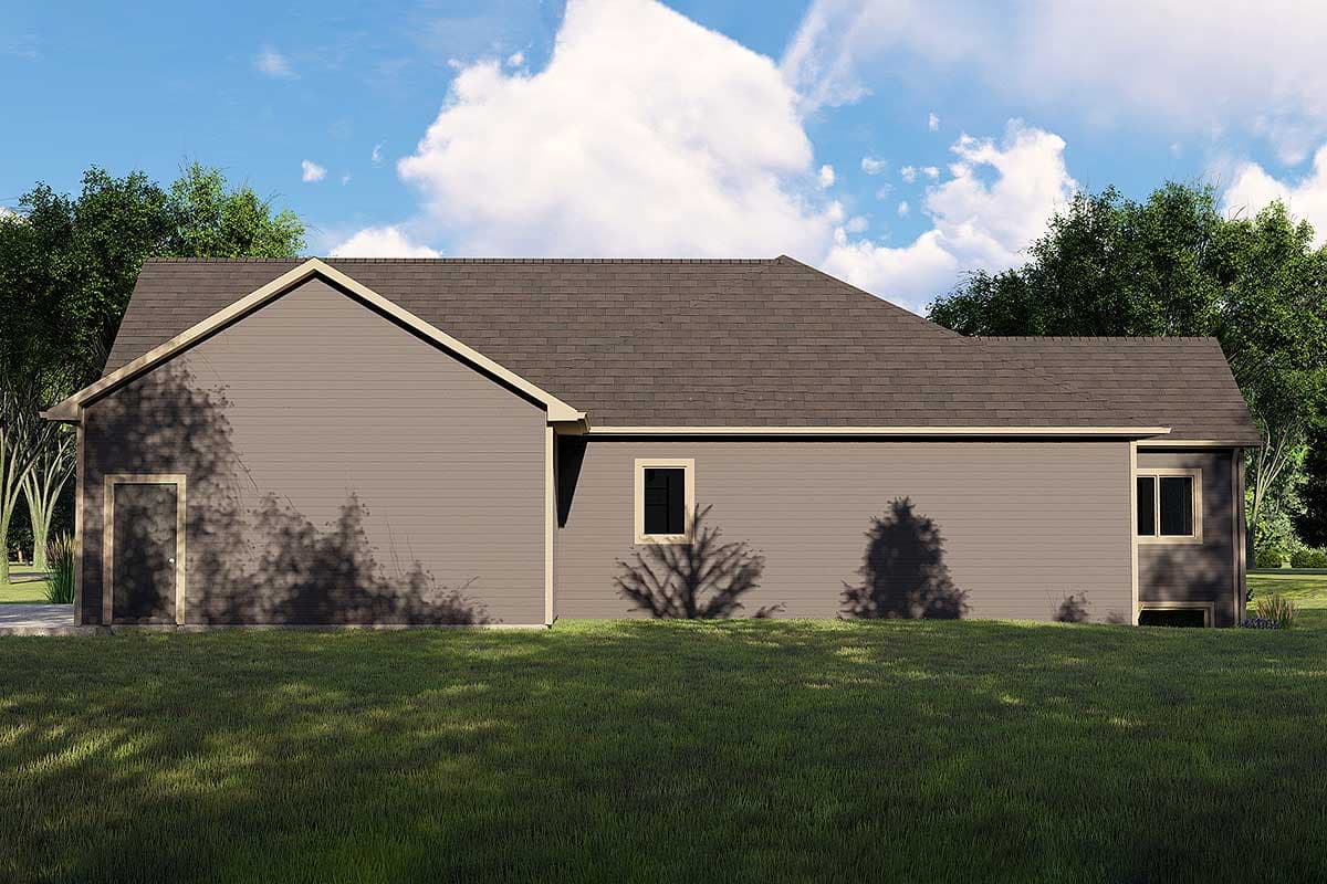 House plan exterior view showing a one-story home with a gable end, siding, and asphalt shingle roof.