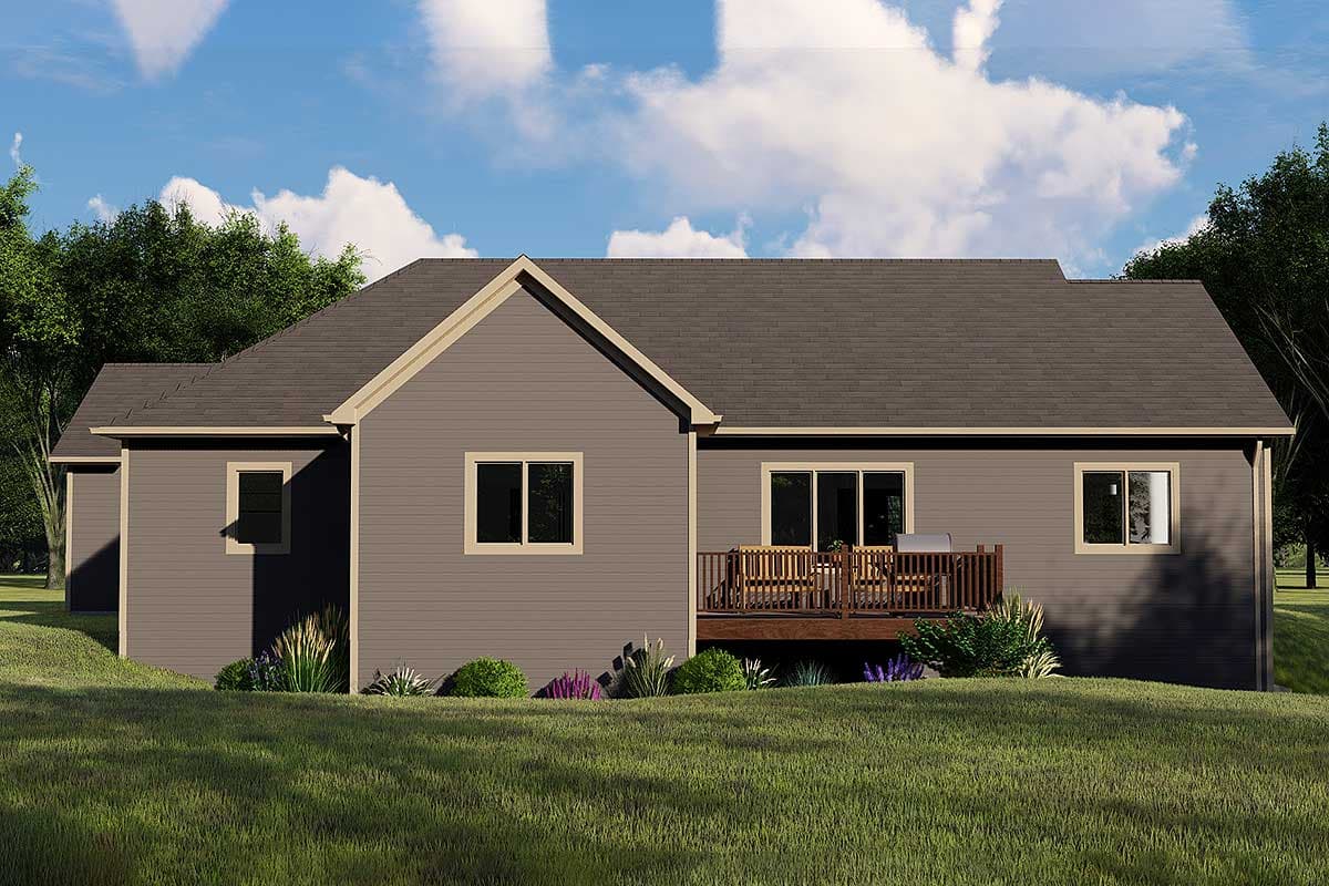 House plan exterior, single-story ranch with a gabled dormer, wood deck, and horizontal siding.