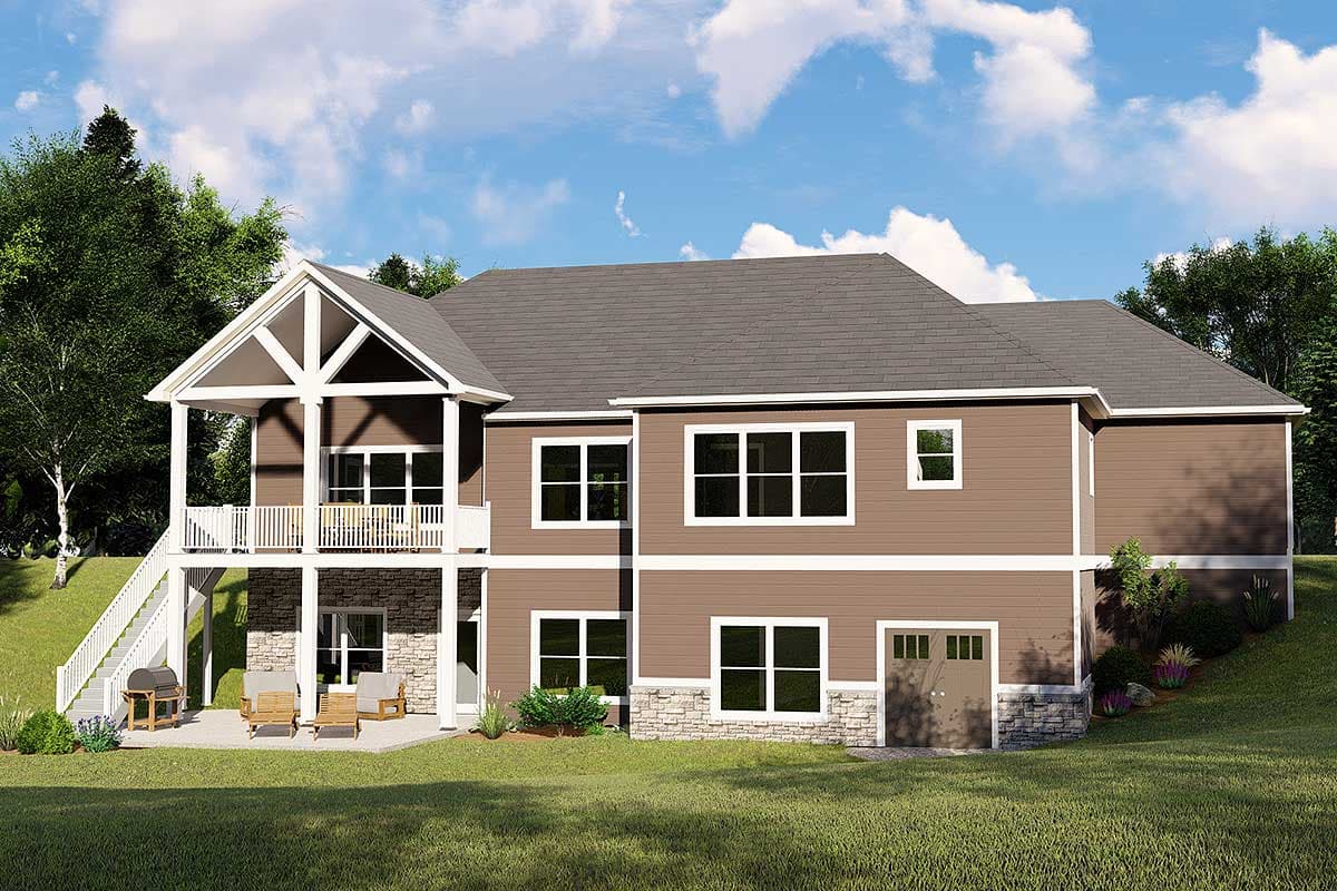 House plan exterior: Two-story home with covered deck, walk-out basement, stone accents, and side-entry garage.