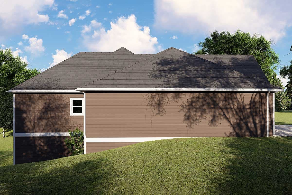 House plan exterior: One-story Modern Farmhouse design with horizontal siding, pitched roof, and visible gables.