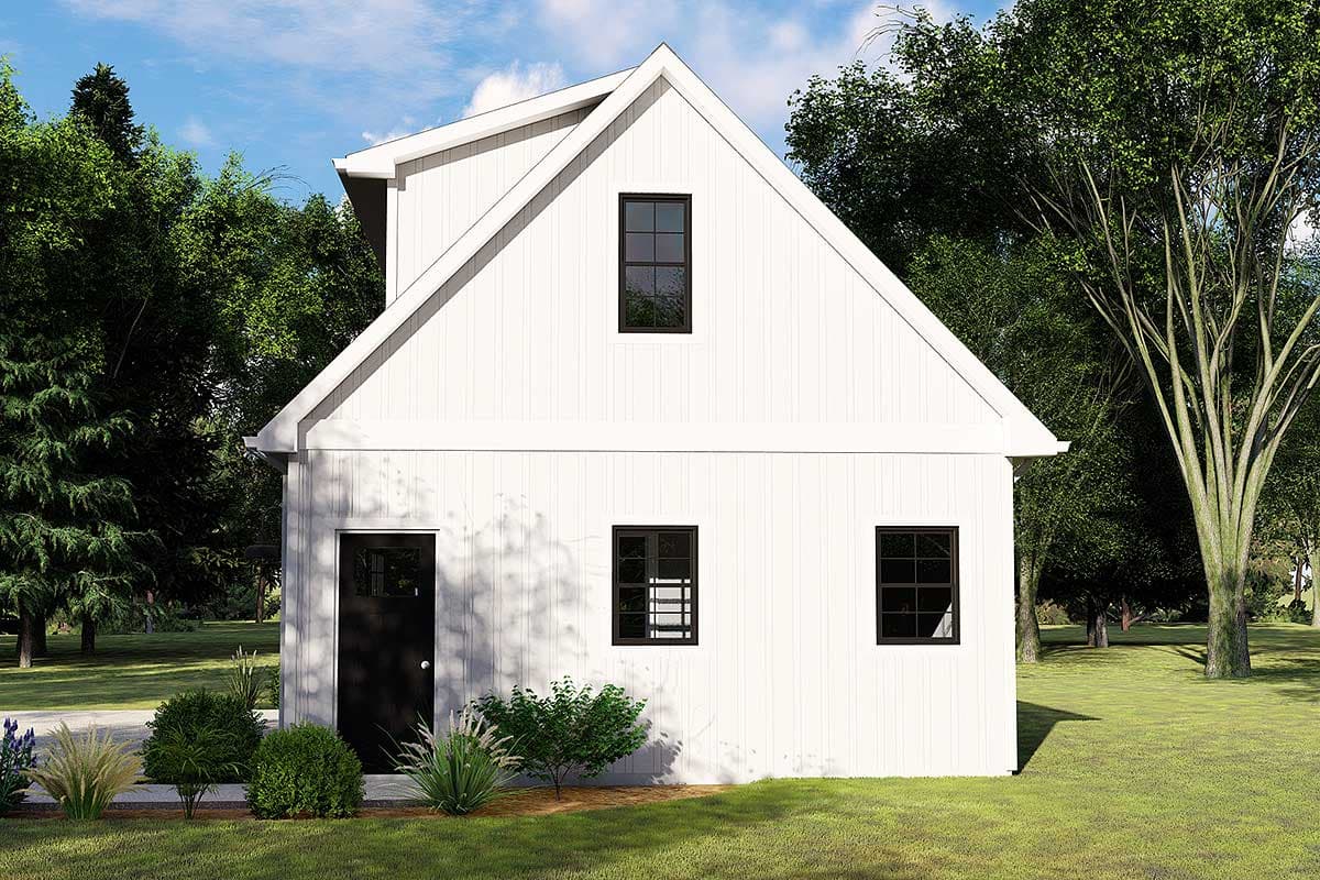 Modern Farmhouse house plan exterior with vertical siding, gables, and dark-framed windows.
