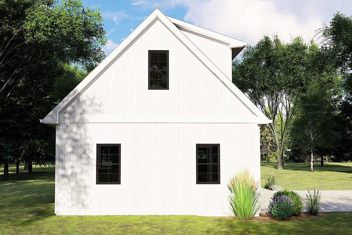 Modern Farmhouse house plan exterior with vertical siding, a prominent gable roof, and three dark-framed windows.