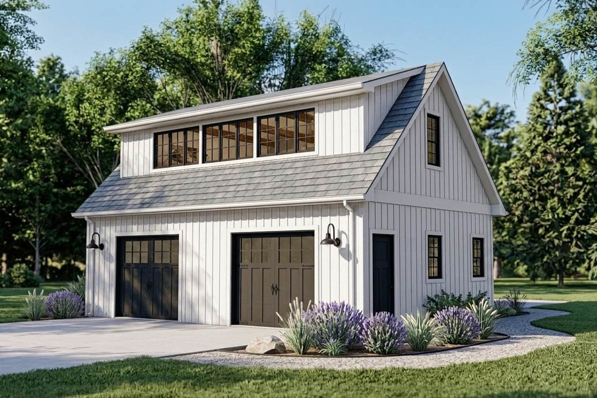House plan exterior. Two-story structure with gable roof. Includes dormer and garage with two bays. Features dark windows and siding.