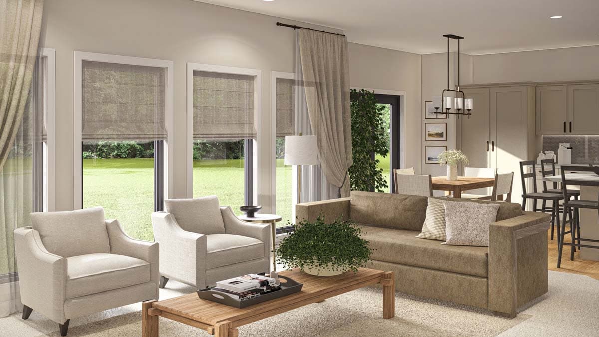 Interior rendering of a great room with a seating area, dining table, and kitchen island. Features include large windows and a chandelier.