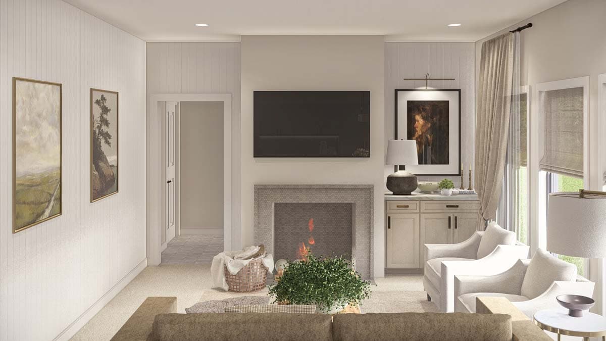 Interior rendering of a great room with a fireplace, mounted television, and seating area.