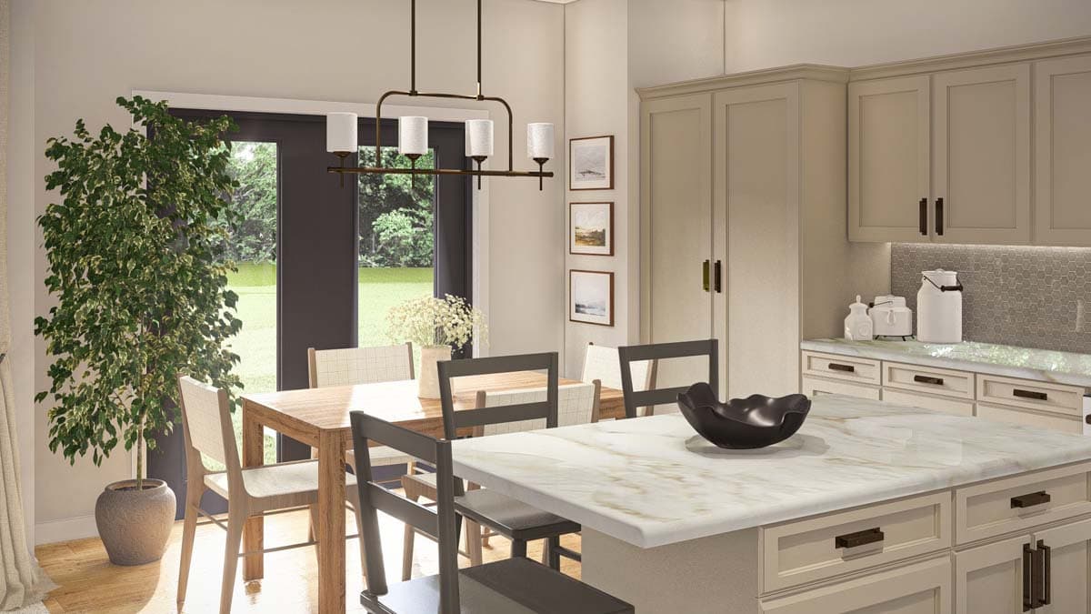 Kitchen and dining area with island, cabinetry, and large doors to backyard.