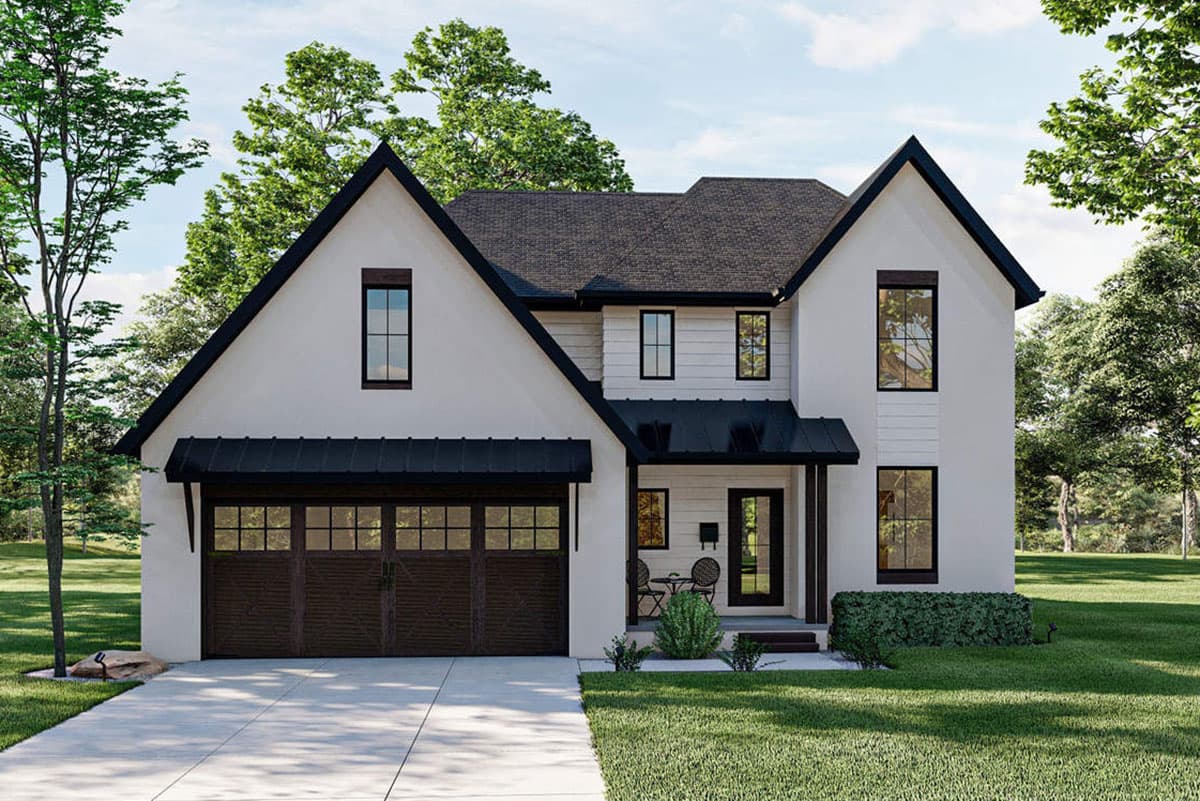 House plan exterior featuring Modern Farmhouse style with two stories, gabled roof, garage, and front porch with awning.