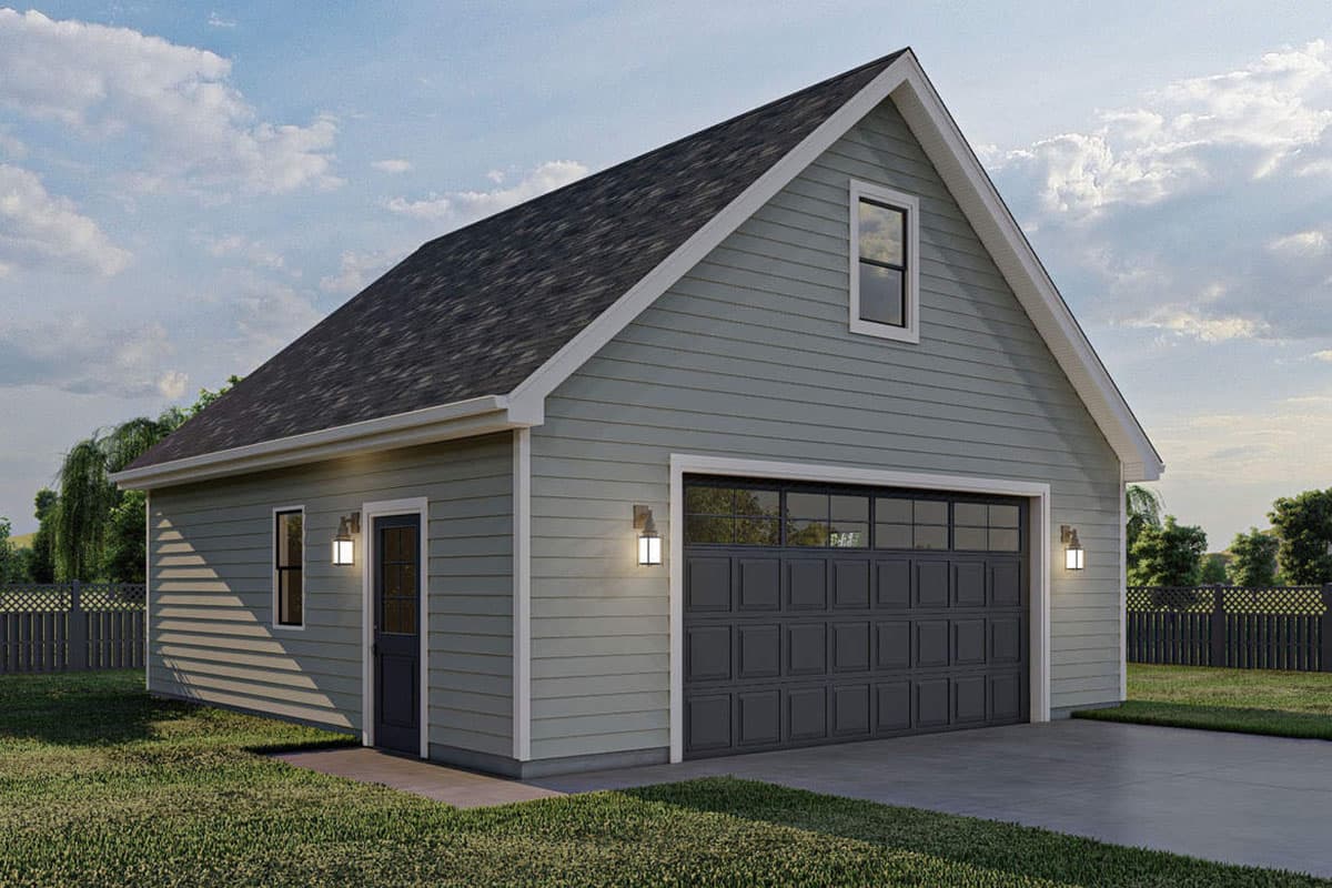 House plan exterior with gable roof, single-car garage, and a small dormer window.
