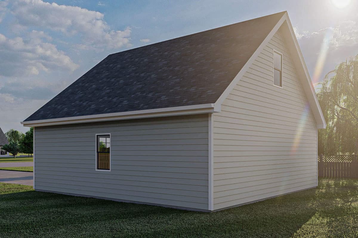 House plan exterior: Gable roof, vinyl siding, and one dormer window on the right gable end.