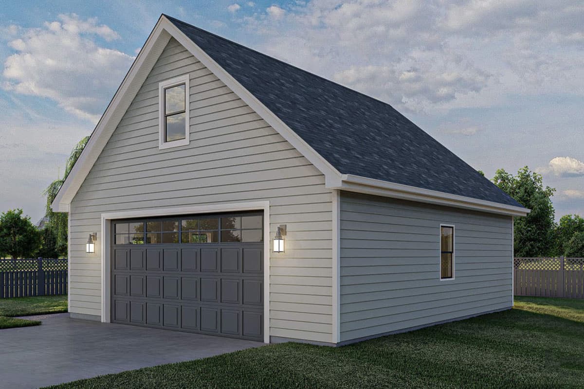 House plan exterior of a two-story garage with a gray paneled door, gable roof, and horizontal siding.