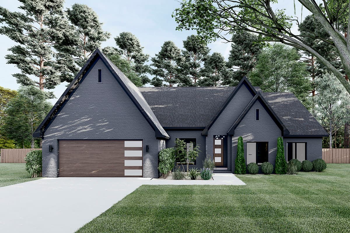 House plan exterior featuring a modern design with a two-car garage, gable roof, and vertical windows. Landscaped front yard.