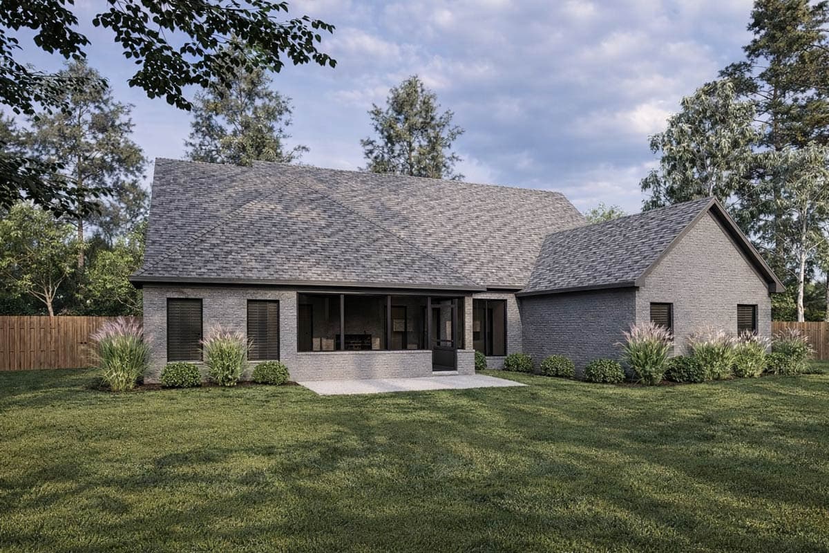 Modern house plan exterior with gray brick, a prominent gable, and screened porch with patio.