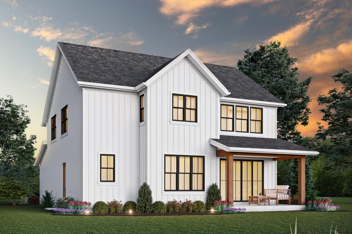 Modern Farmhouse house plan exterior, two stories, white board-and-batten siding, gabled roof, covered patio with wooden posts.
