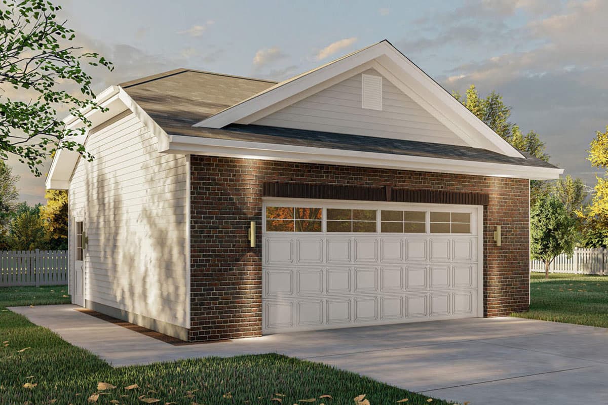 House plan exterior featuring a detached garage with brick facade, gable roof, and paneled garage door.