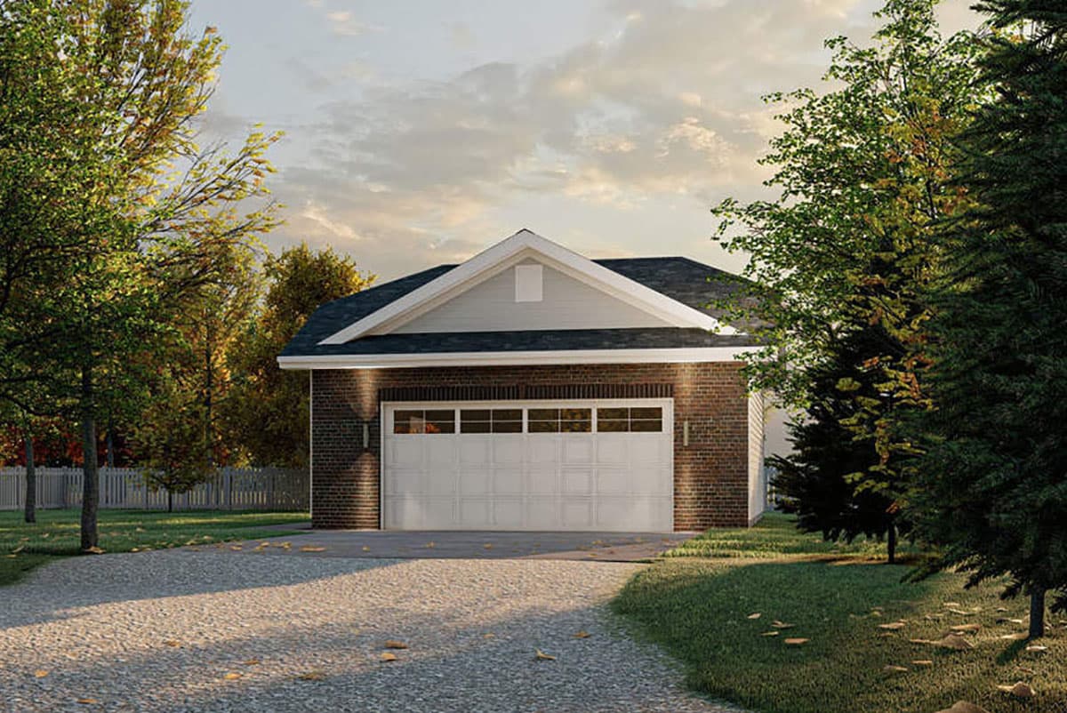 House plan exterior of a single-story garage with a gable roof, white garage door, and brick facade.