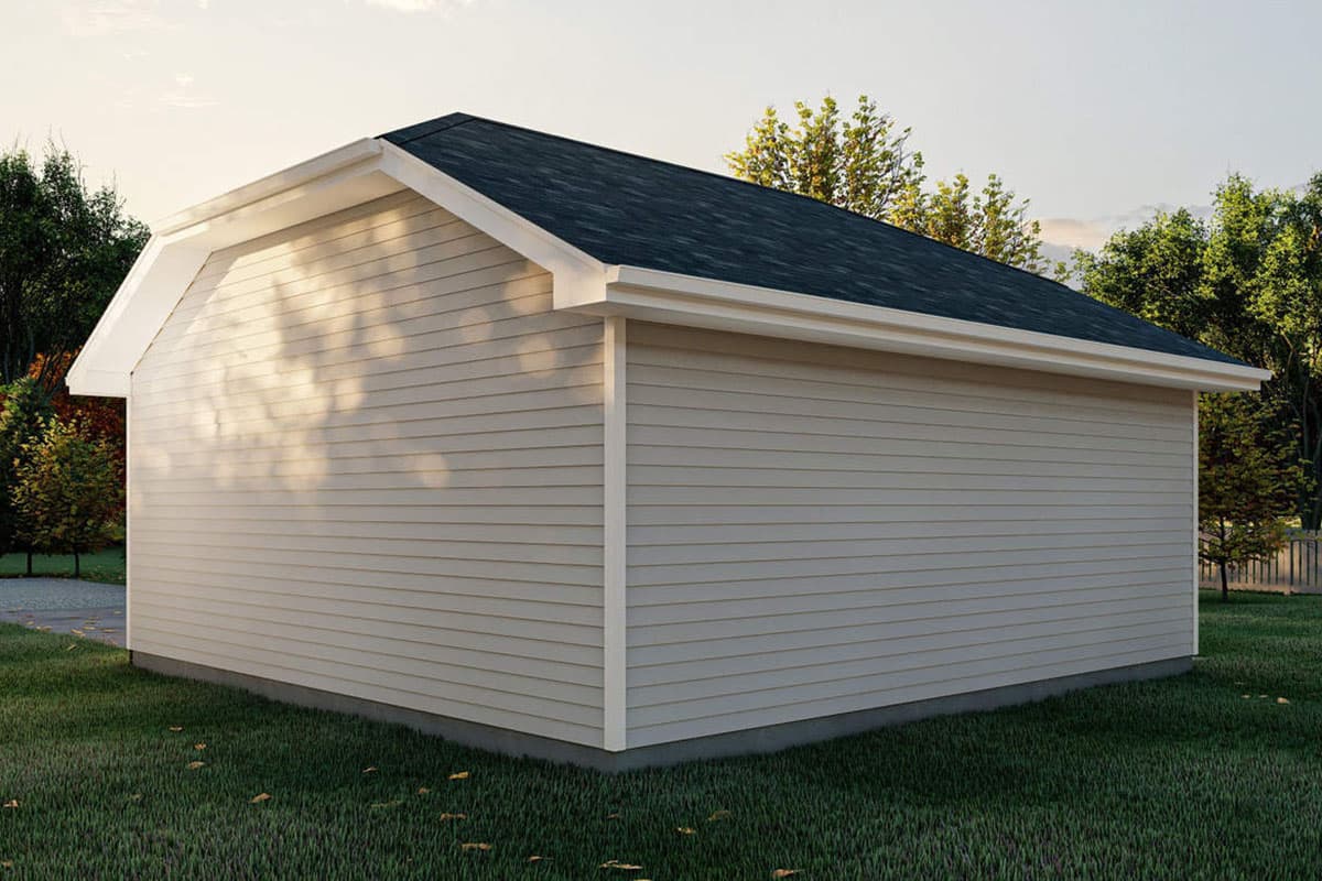 House plan exterior, single-story structure with horizontal siding, gabled roof, and white trim.