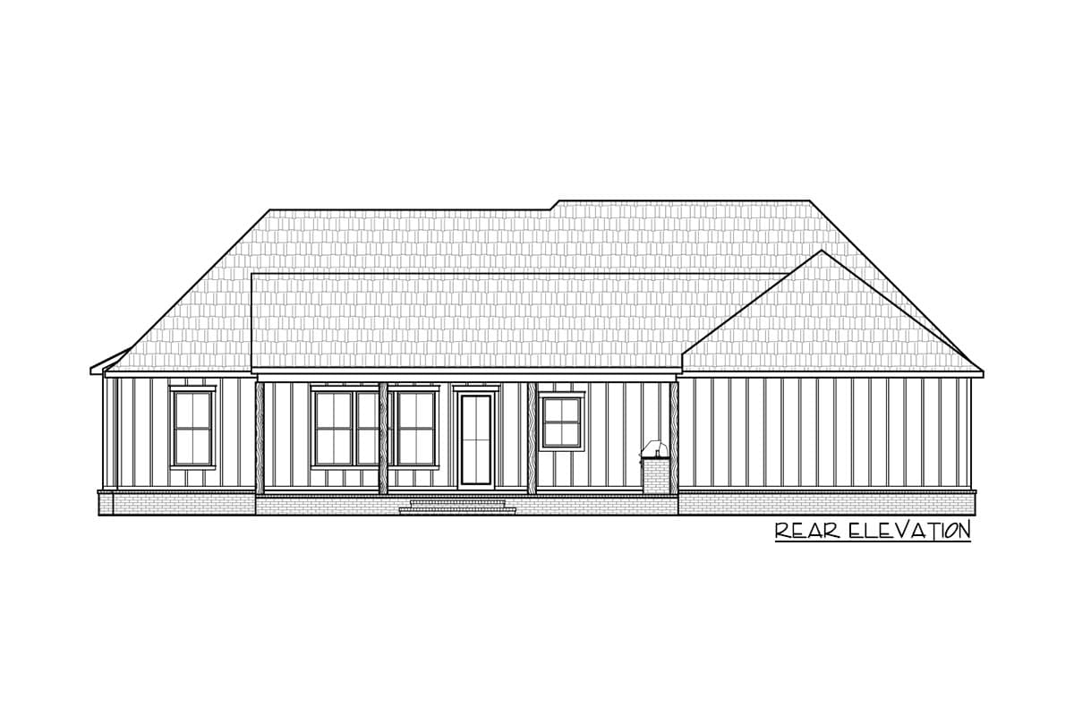 Rear elevation drawing of a house with a gabled roof, multiple windows, and a brick base.