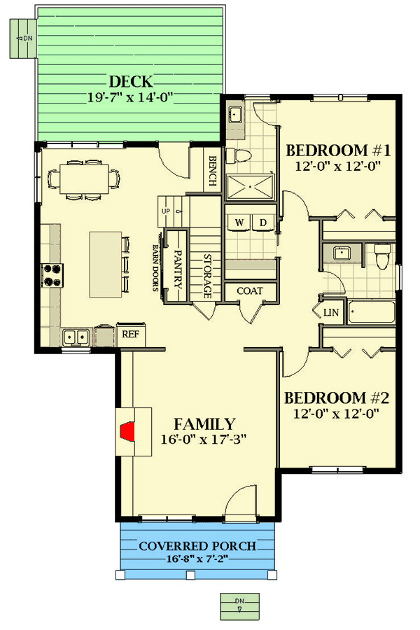 Plan 46426LA: 2-Bed Country Cottage Plan with Bonus Loft - Floor Plan - Main Level - Cottage, Country, Farmhouse, New American