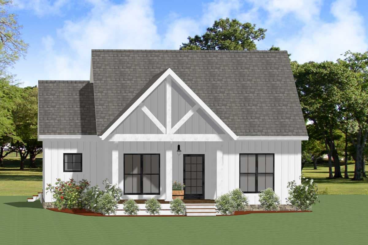 House plan exterior. Modern Farmhouse style with a single story, gable roof, front porch, and exposed rafter tails.