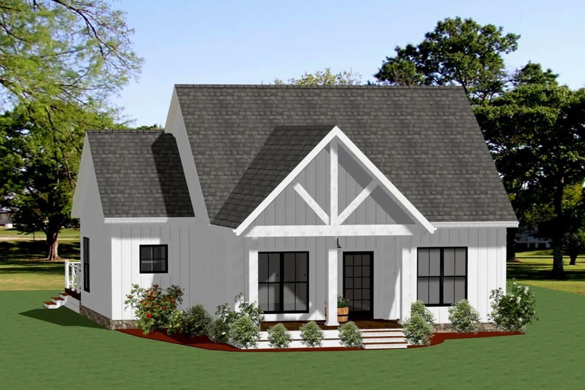 Modern Farmhouse house plan exterior with gable roof, exposed rafter tails, and covered front porch with double doors.