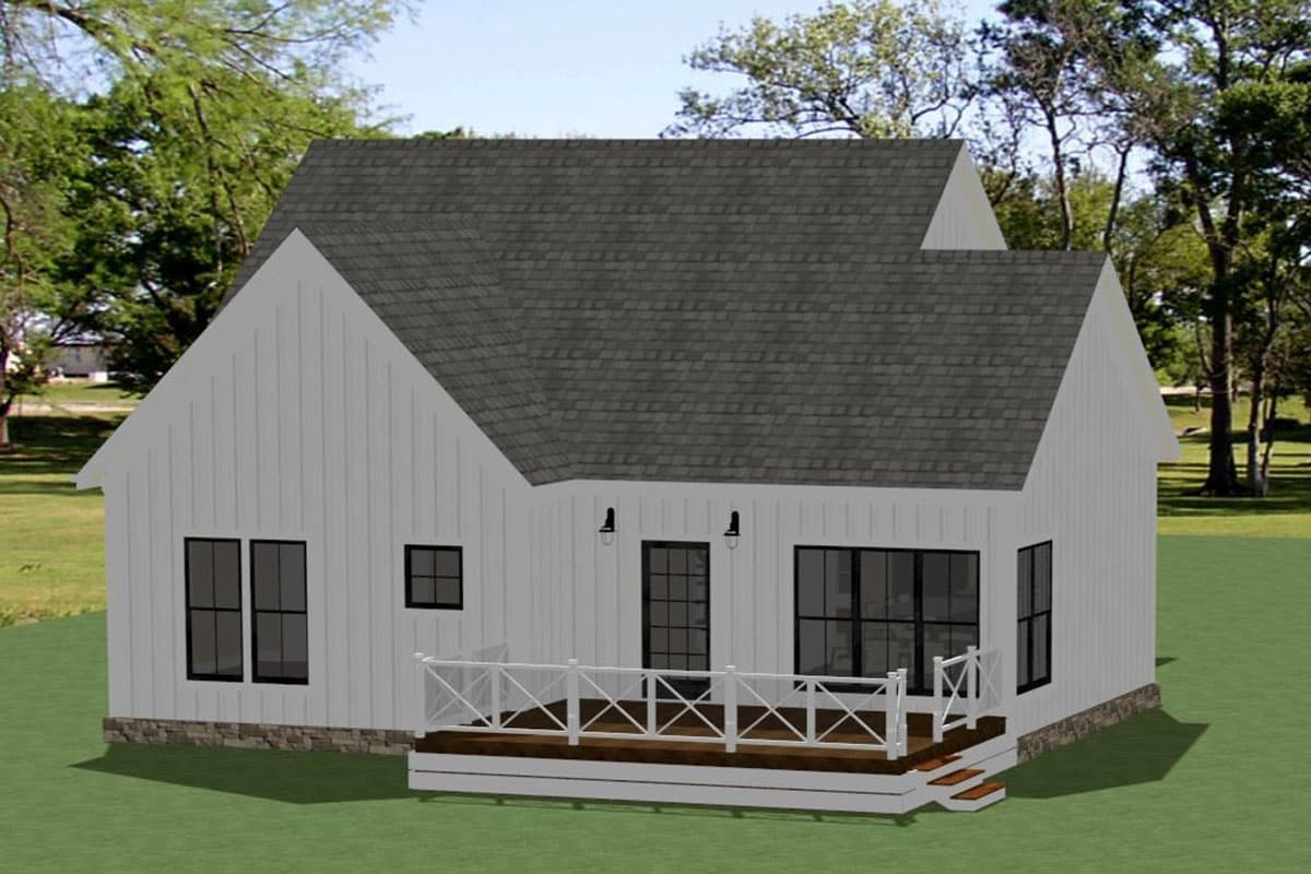 House plan exterior: Modern Farmhouse style, one story, white board and batten siding, gable roof, deck with white railings, stone foundation.