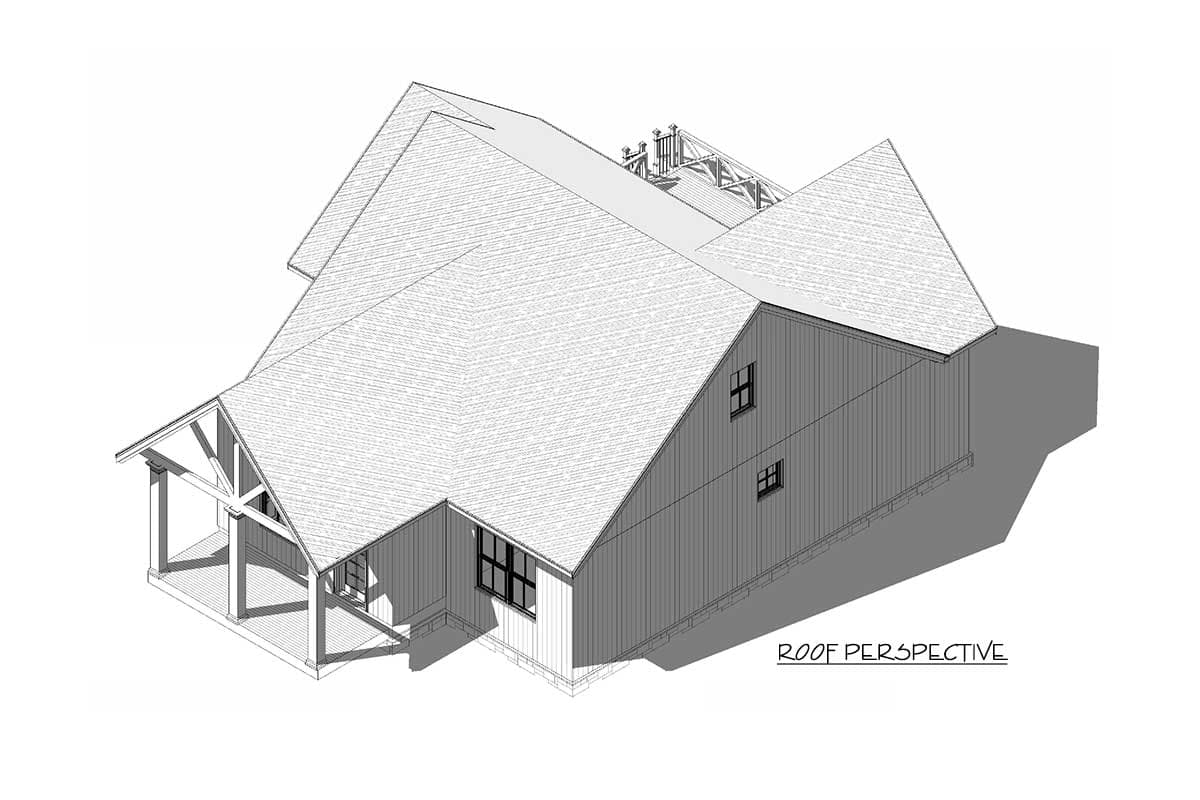 House plan exterior perspective showing a complex roofline with gables, dormers, and a covered porch with exposed rafter details.